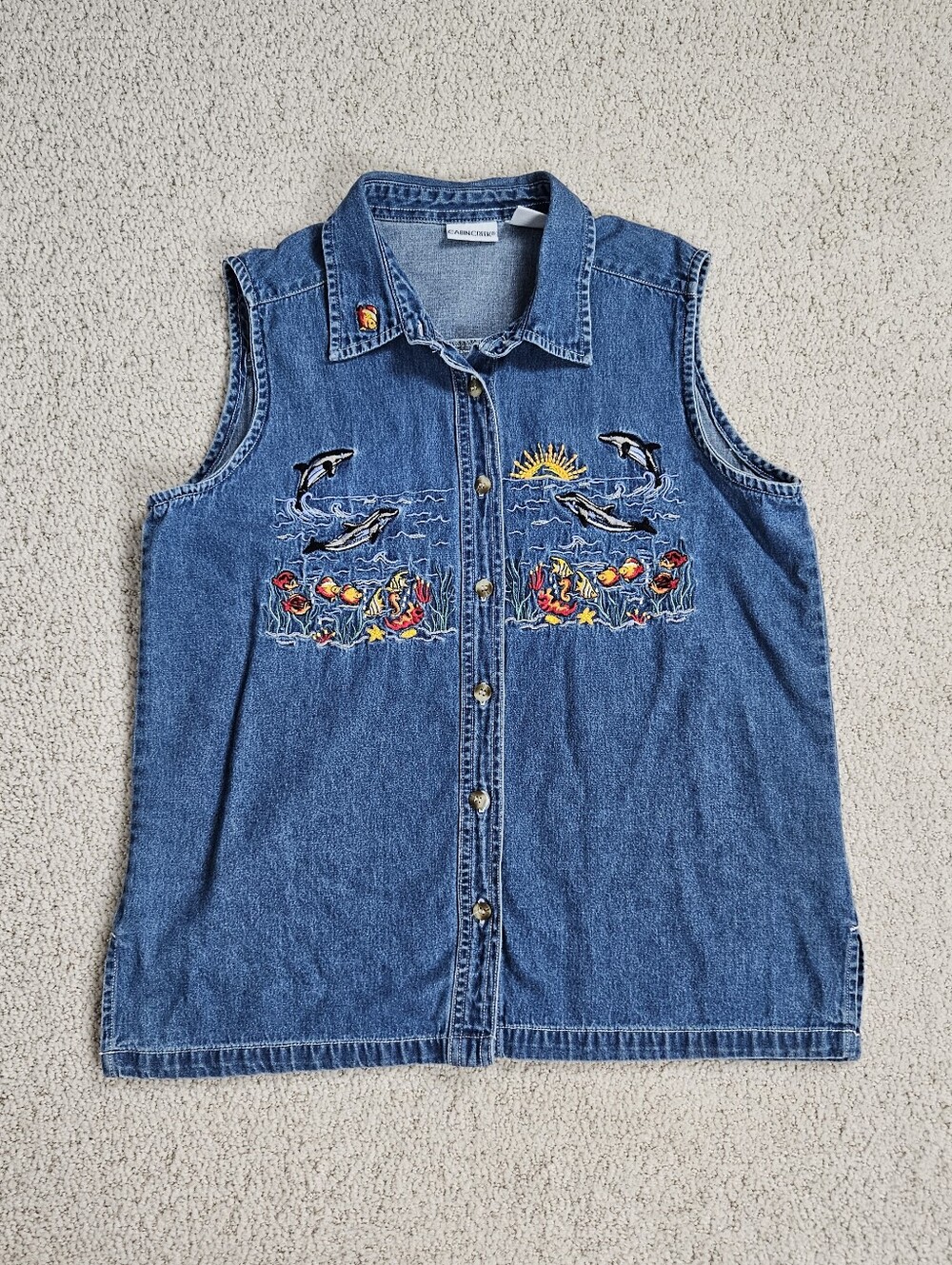 Vtg 90s Denim Shirt Embroidered Dolphins Fish Sleeveless Butter Mom Womens M